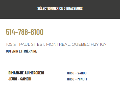 horaires du 3 Brasseurs de St Paul, restaurant bar à Montréal