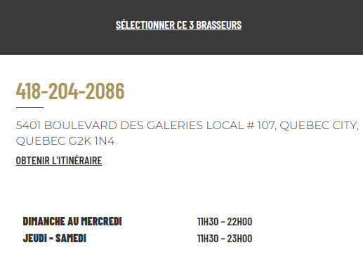 horaires les 3 Brasseurs à Quebec Ville