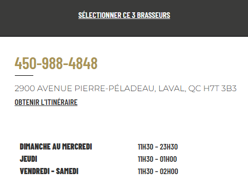 horaires du restaurant bar les 3 Brasseurs de Laval