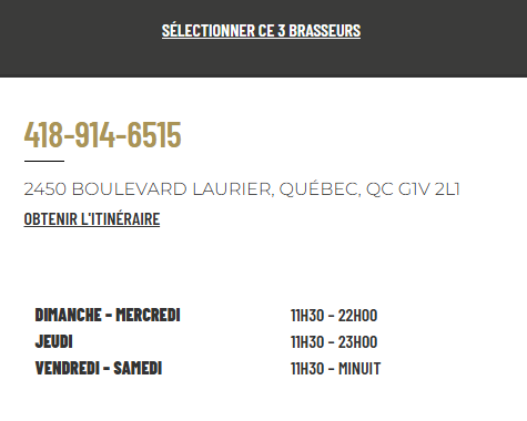 horaires du 3 Brasseurs de Québec, dans le Quartier Laurier