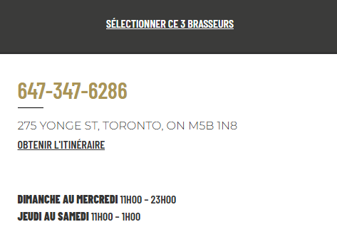 horaires du restaurant bar de Toronto les 3 Brasseurs