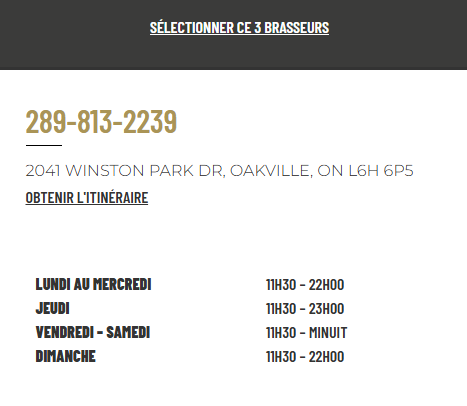 horaires brasserie les 3 Brasseurs d'Oakville