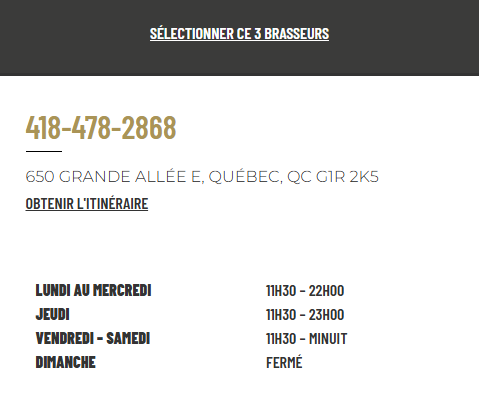 horaires ouverture brasserie les 3 Brasseurs Quebec, quartier Grande Allée