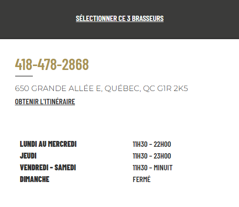 horaire semaine et week-end restaurant Grande Allée à Québec